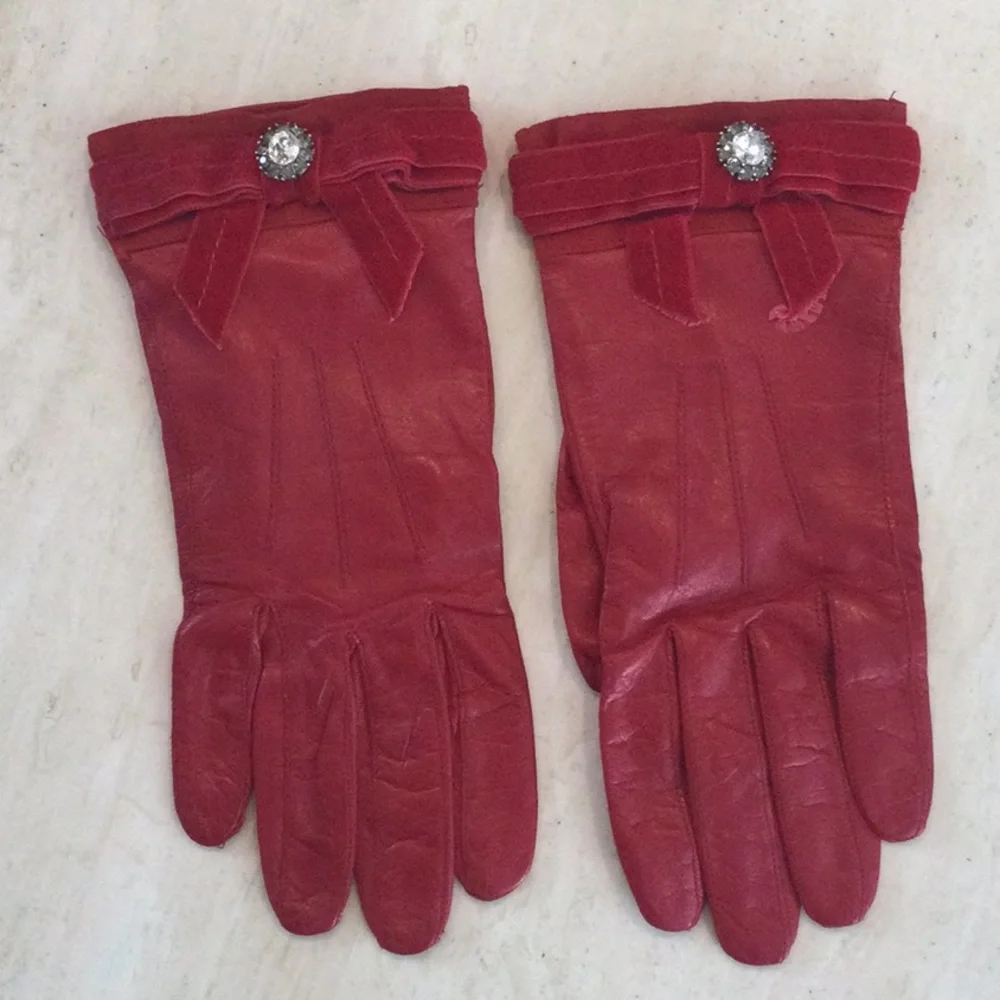 Vintage Coach Red Leather Gloves Silk Lining Women Size 8 Velvet Trim Rhinestone